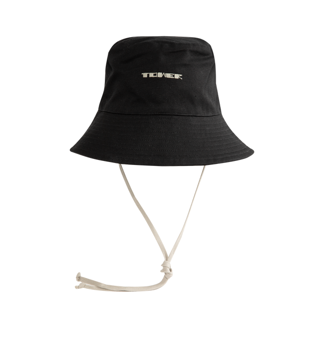 Image 1 of 2 - BLACK - Rick Owens DRKSHDW Gilligan Hat is crafted from foil-treated stretch denim and features the brand's signature bucket hat silhouette with a worn-in, garment-dyed finish. Designed with fading throughout, topstitch detailing, quilted trim, and a self-tie chin strap, the hat reflects the label's distinctive blend of utilitarian function and avant-garde style. Main Material: 85% Cotton, 10% Polyester, 5% Elastane. Lining: 100% Cotton. Made in Italy.
