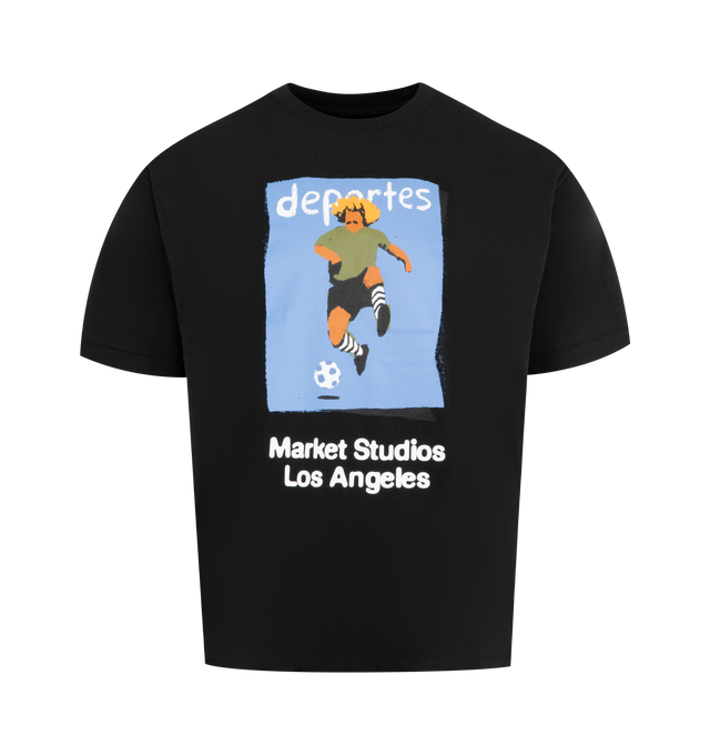 Image 1 of 2 - BLACK - MARKET Illustrated Soccer T-Shirt featuring crew neck, short sleeves, graphic on front and relaxed fit. 100% cotton.