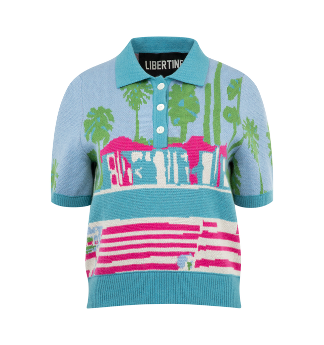 Image 1 of 2 - BLUE - LIBERTINE Poolside Polo Sweater featuring relaxed fit, lightweight knit, front three button closure at neckline and graphic throughout. 100% cashmere. Made in USA.