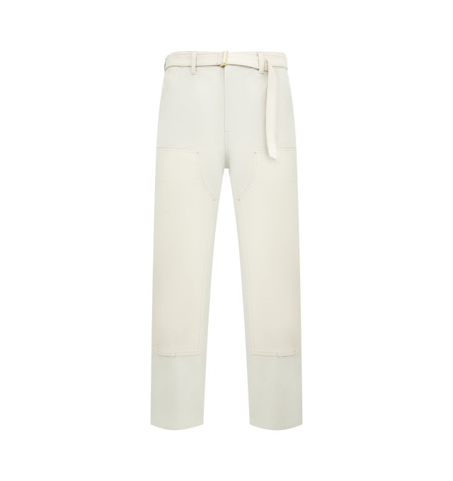 Image 1 of 3 - WHITE - SACAI X CARHARTT Duck Pants featuring a cargo-inspired silhouette with double-knee various patch pockets, a woven belt, side and back patch pockets and zip fly, button closure. 100% cotton. Made in Japan.