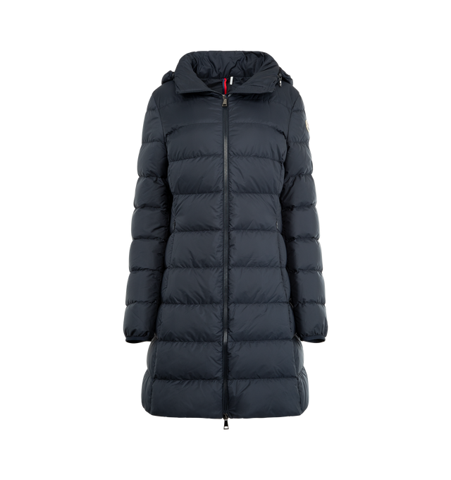 Image 1 of 4 - NAVY - MONCLER Gie Hooded Long Down Jacket featuring rainwear lining, down-filled, pull-out hood with concealed zipper, zipper closure, zipped pockets and felt logo. 100% polyamide/nylon. Padding: 90% down, 10% feather.