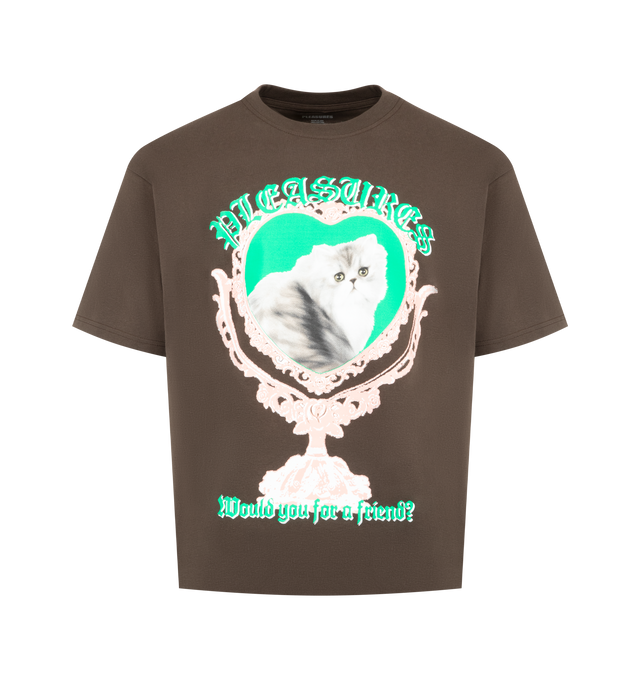 Image 1 of 2 - BROWN - PLEASURES Mirror T-Shirt featuring crew neck, short sleeves, dropped shoulders and graphic print on front. 100% cotton.