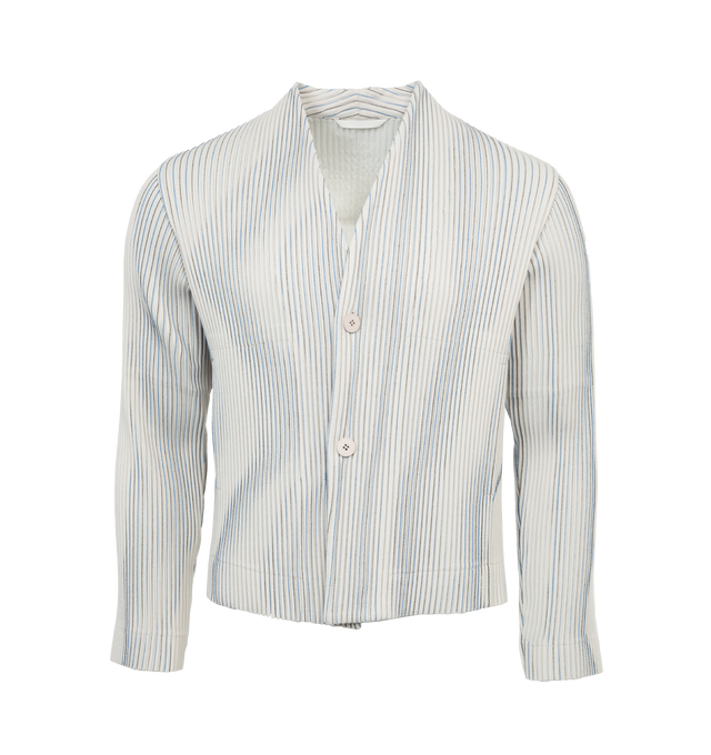 Image 1 of 4 - WHITE - ISSEY MIYAKE TWEED PLEATS SHIRT featuring wavy contrasting stripes, pleated jacket, straight, tailored shape, two side pockets and a two-button closure. 100% polyester.  