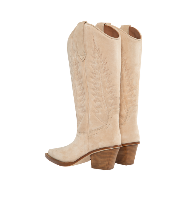 Image 3 of 4 - NEUTRAL - PARIS TEXAS Rosario Suede Cowboy Boots featuring tall suede cowboy boot, stitch detailing, block heel, almond toe, pull-on style, pull-tabs at curved collar and leather outsole. 60MM. Lining: Goat leather. Made in Italy. 