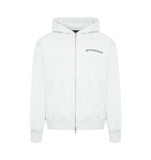 Image 1 of 2 - GREY - PLEASURES Neural Zip Hoodie featuring two-way front zip closure, split kangaroo pocket, embroidered graphic detail throughout and terrycloth lining. 100% cotton.