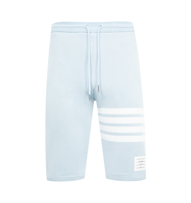 Image 1 of 3 - BLUE - THOM BROWNE Classic Loopback 4-Bar Sweatshorts featuring drawstring waistband with silver tone aglets, engineered 4-bar stripe detail at left thigh, name tag applique above left cuff, slip side pockets, single back welt pocket and signature striped grosgrain loop tab at back waist. 100% cotton. Made in Japan.