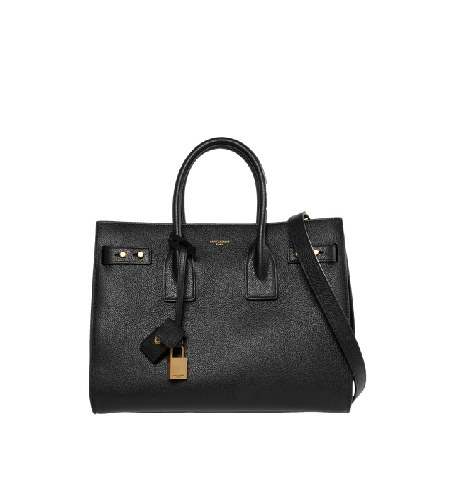 Image 1 of 3 - BLACK - SAINT LAURENT Sac De Jour Small in Supple Grained Leather featuring suede lining, accordion sides, detachable padlock in leather case, interior zipped pocket, five metal feet and detachable shoulder strap. 12.5 X 10 X 6.1 inches. 95% calfskin leather, 5% metal. Made in Italy.  