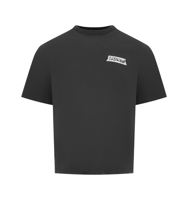 Image 1 of 2 - BLACK - BALENCIAGA Masking Tape T-Shirt Medium Fit in faded black dry jersey featuring crewneck, short sleeves and masking tape artwork at front and back. 100% cotton. Made in Portugal.