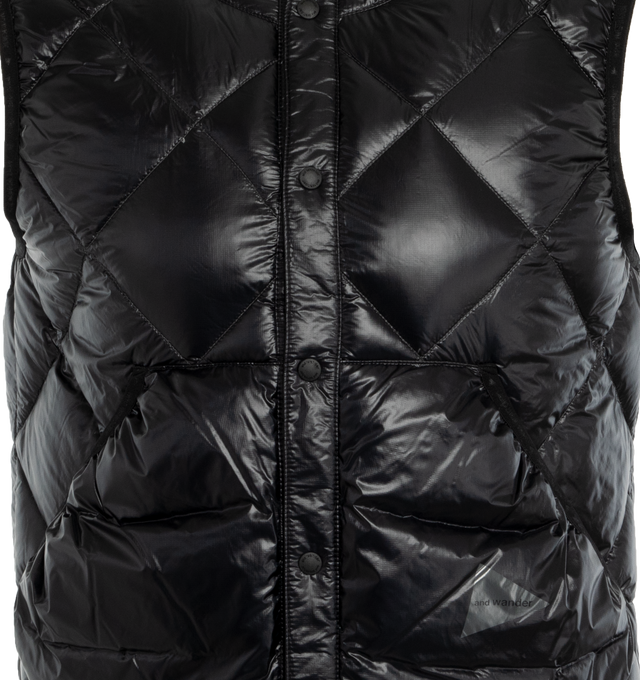 Image 3 of 4 - BLACK - AND WANDER Diamond Stitch Down Vest crafted from lightweight and durable PERTEX nylon with a soft sheen, with goose down fill. Medium weight layering piece featuring diamond front body quilting, zipper hand pockets, reflective detaiuls throughout, and collarless neckline. 100% nylon / 90% down, 10% feather. Made in Japan. 