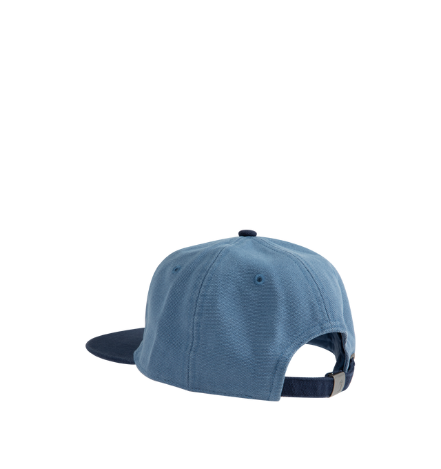 Image 2 of 3 - BLUE - CARHARTT Arcan Cap featuring lined front panel, six-panel style, firm, flat peak, unstructured, adjustable strap with metal buckle, embroidered ventilation eyelets and graphic print. 100% cotton.