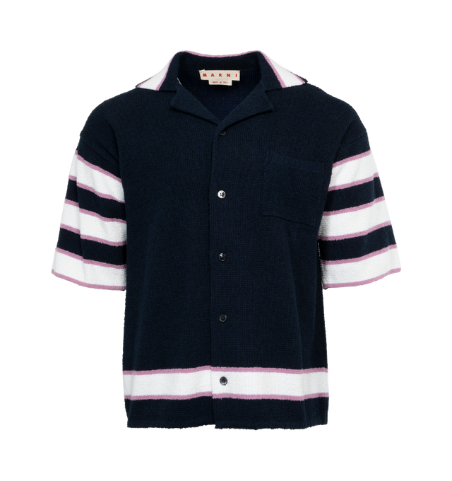 Image 1 of 4 - BLACK - MARNI Bowling Shirt featuring short sleeves, camp collar, chest pocket, button closure, logo label at back and straight hem. 70% cotton, 30% polyamide.  