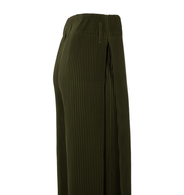 Image 3 of 4 - GREEN - ISSEY MIYAKE Pleats Bottoms 2 featuring concealed drawstring at waistband, two-pocket styling, button-fly, pinched seams at front and back and cropped leg. 100% polyester. Made in Japan. 