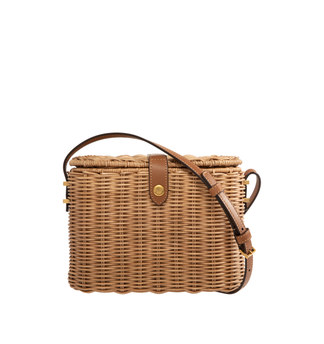 Image 1 of 3 - BROWN - SAINT LAURENT Vanity Crossbody Bag in bamboo wicker with leather details, adjustable leather crossbody bag, flap top with snap closure and interior slip pocket. 4.7"H x 7.2"W x 3.1"D. Made in France.