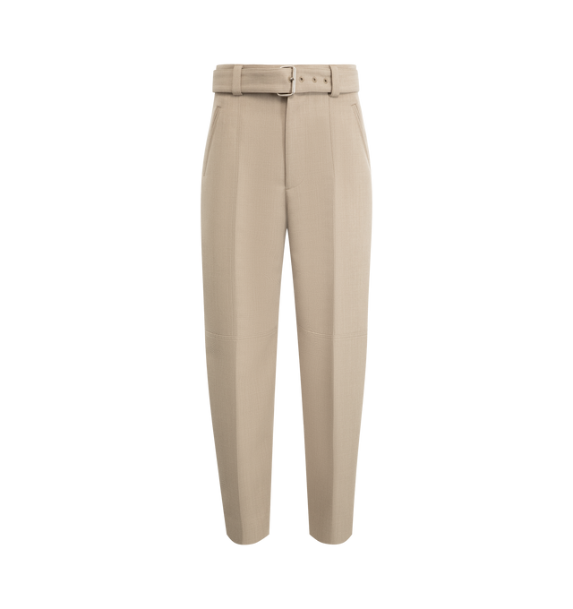 Image 1 of 4 - NEUTRAL - BOTTEGA VENETA Belted Trousers featuring zip fly with button closure and detachable belted accent, 4-pocket styling, zip detail at leg opening with buttoned cuff and midweight twill fabric. 100% cotton. Made in Italy.