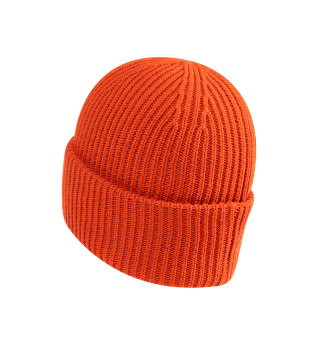 Image 2 of 2 - ORANGE - MONCLER Beanie featuring a wool and cashmere blend, brioche stitch, gauge 3 and a felt logo patch. 70% virgin wool, 30% cashmere. Made in Italy.