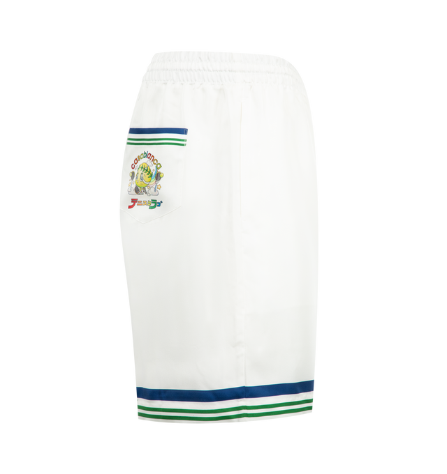 Image 3 of 3 - WHITE - CASABLANCA Drawstring Silk Track Shorts featuring drawstring fastening, graphic print, striped hemline and back patch pocket. 100% silk. Made in Italy.