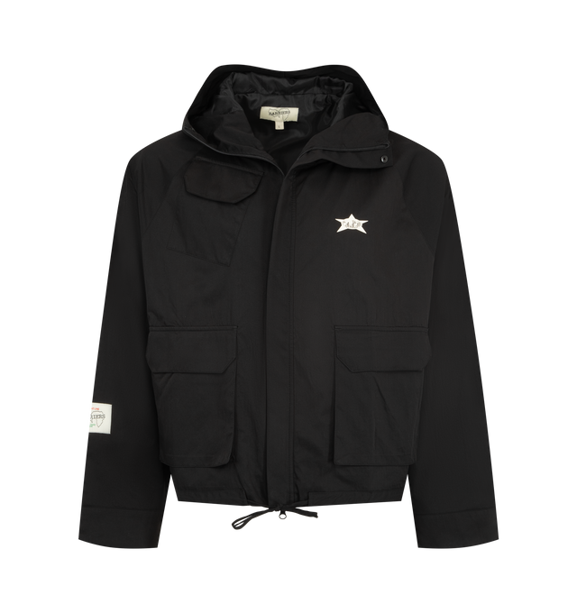 Image 1 of 3 - BLACK - BARRIERS WORLDWIDE Star Hooded Nylon Jacket featuring hooded nylon jacket, full lining and front patch pockets, slightly cropped fit, drawstring adjustable hem and star stitch detailing at back. Nylon.