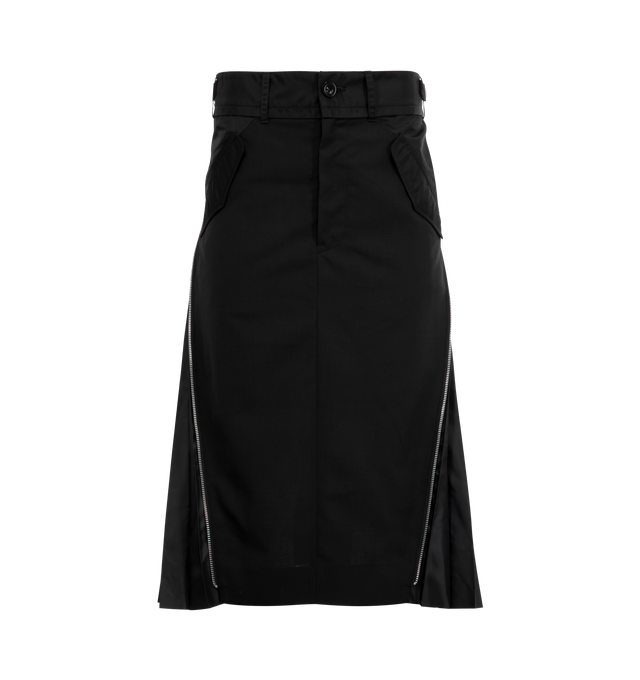 Image 1 of 3 - BLACK - SACAI Suiting Mixed Media Midi Skirt featuring zipped side slits reveal pleated panels, zip fly with button closure, front flap pockets and adjustable waist. 70% polyester, 30% wool with 100% nylon contrast. Made in Japan.