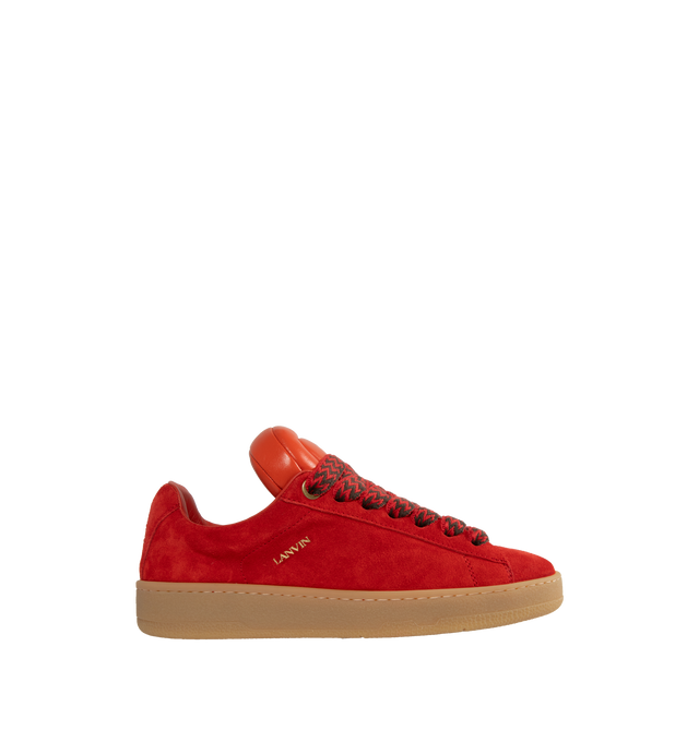 Image 1 of 5 - RED - LANVIN LAB X FUTURE Hyper Curb Sneakers featuring padded tongue, round toe, herringbone motif laces and Lanvin logo in metal on the outside of the sneaker.  76% calf - bos taurus, 24% polyester. Lining: 100% calf - bos taurus. Sole: 100% rubber. Made in Italy. 