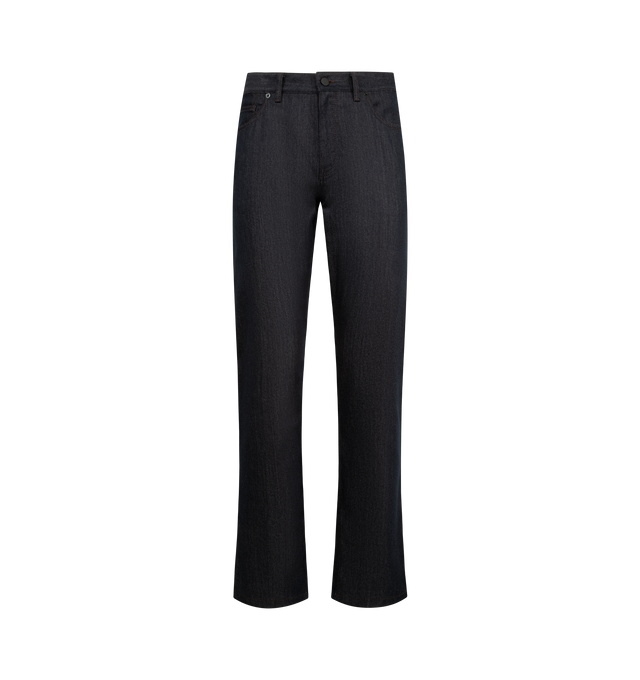 Image 1 of 3 - NAVY - MONCLER Straight Leg Denim Jeans featuring comfort denim, zipper and snap button closure and logo patch. 75% cotton, 24% polyester, 1% elastane/spandex.