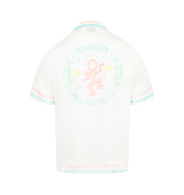 Image 2 of 2 - WHITE - CASABLANCA Dance Joy Shirt featuring Cuban collar, back print, chest pocket, button front closure and short sleeves. 100% silk.