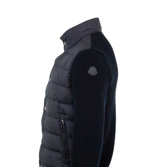 Image 3 of 3 - NAVY - MONCLER Padded Cardigan featuring padded collar and front, snap button closure, stand collar and side zip pockets. 100% polyester. Wool. Padding: 90% down, 10% feather.