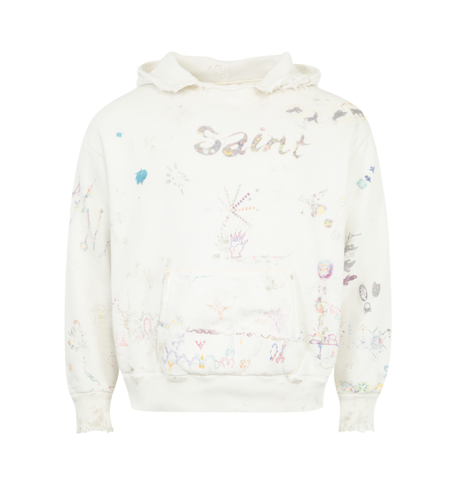 Image 1 of 2 - WHITE - SAINT MICHAEL Coco Double Face Hoodie featuring vintage treatment, no side seam, loopwheel knit and front pocket. 100% cotton. Made in Japan.