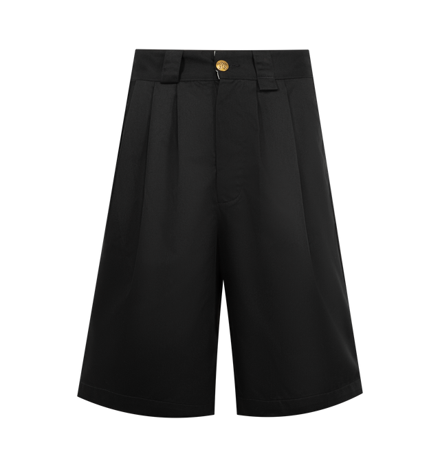 Image 1 of 3 - BLACK - WILLY CHAVARRIA Borracho Short featuring button fly closure, 4-pocket design, midweight pleated twill fabric and relaxed fit. 65% polyester, 35% cotton.
