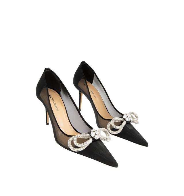 Image 2 of 4 - BLACK - MACH & MACH Double Bow Mesh Pumps featuring a high stiletto heel, crystal double bow detailing, pointed toe and mesh upper. The heel height measures 85mm. Made in Italy.