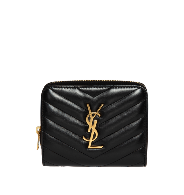 Image 1 of 2 - BLACK - SAINT LAURENT Compact Zip Around Wallet featuring gold tone hardware, six card slots, one zipped coin pocket, one bill compartment and four receipt compartments. 4.7 X 3.9 X 1.1 inches. 85% lambskin, 15% brass. Made in Italy.  