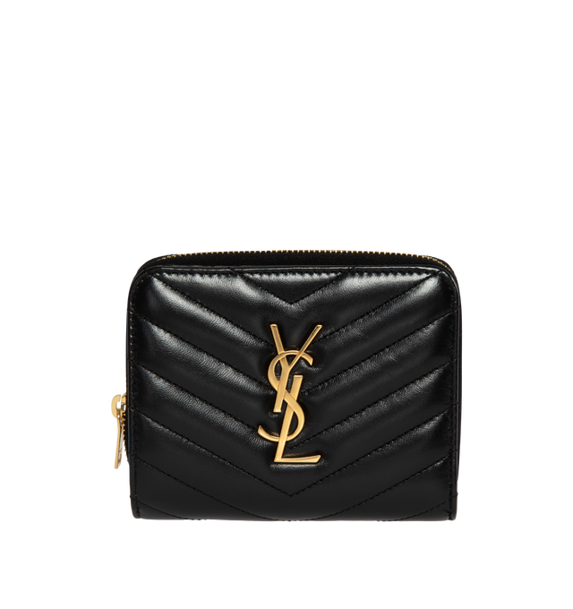 Image 1 of 2 - BLACK - SAINT LAURENT Compact Zip Around Wallet featuring gold tone hardware, six card slots, one zipped coin pocket, one bill compartment and four receipt compartments. 4.7 X 3.9 X 1.1 inches. 85% lambskin, 15% brass. Made in Italy.
