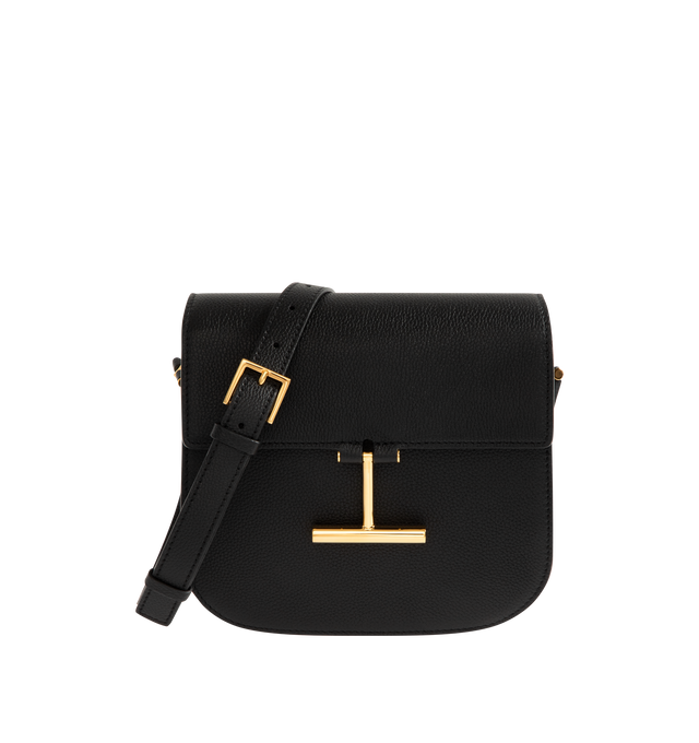 Image 1 of 3 - BLACK - TOM FORD Tara Mini Crossbody Bag in grain leather featuring hanging T closure, adjustable shoulder strap, flap top with magnetic closure, exterior, one slip pocket and interior, one zip pocket. 100% calfskin. Lining: polyurethane. 7.3"H x 7.9"W x 2.8"D. Made in Italy.