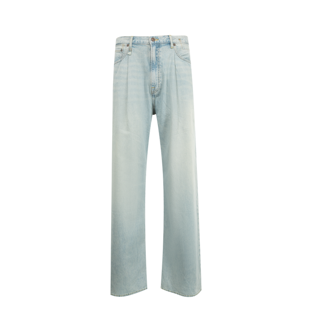 Image 1 of 3 - BLUE - R13 Damon Pleated Wide Leg Jeans featuring mid-weight, non-stretch denim, faded wash and worn edges, pleated front, button closure and zip fly and 5-pocket styling. 100% cotton. Made in Italy.