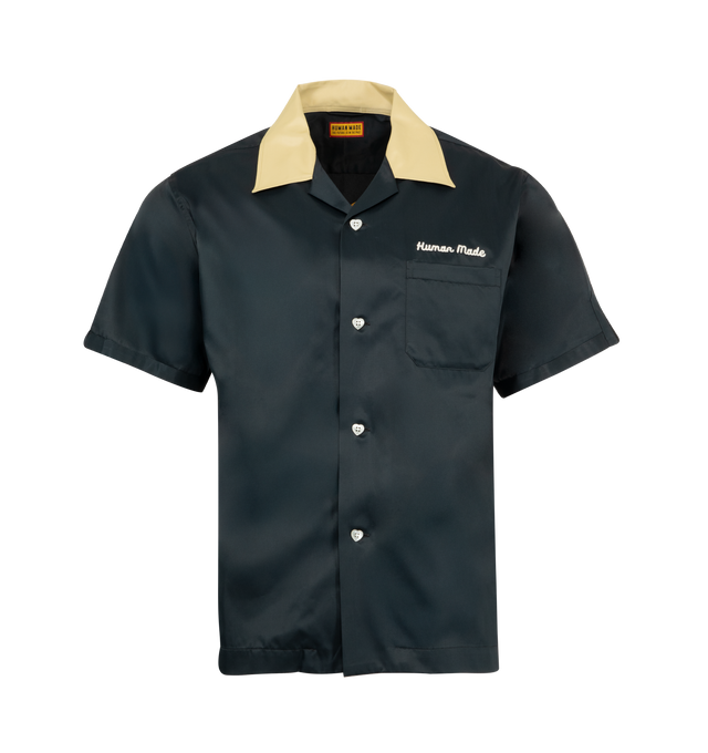 Image 1 of 2 - BLACK - HUMAN MADE Bowling Shirt featuring distinctive chain-stitched graphics, button front closure, contrast collar, chest pocket and short sleeves. 65% rayon, 35% cotton.