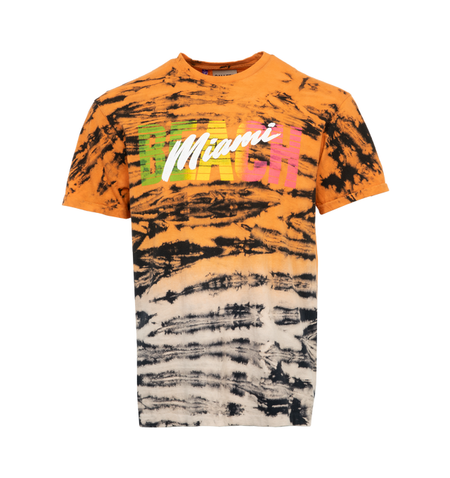 Image 1 of 4 - ORANGE - GALLERY DEPT. MIAMI TIME TEE features a horizontal 'tiger stripe' style tie-dye on a gradient silhouette. The front of the shirt is screen printed with the word 'Miami' done in a puff print fabrication and the back of the tee features a peace sign printed in fluorescent blue. 100% cotton. 