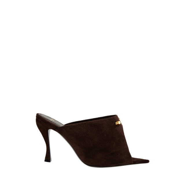 Image 1 of 4 - BROWN - Balenciaga Women's Midnight City Mule is crafted from suede goatskin and features an open-toe silhouette, a deep low-cut vamp, and a sculptural construction. Adorned with two signature City studs, this elevated mule is finished with a sculptural heel, Balenciaga Paris logo at the insole, small gold perforations along the insole edges, a tone-on-tone covered heel, and a black sole. Main Material: Goatskin Suede. Sole: Calfskin. Insole: Lambskin. Heel Height: 95 mm / 3.7 in. Made in Ita