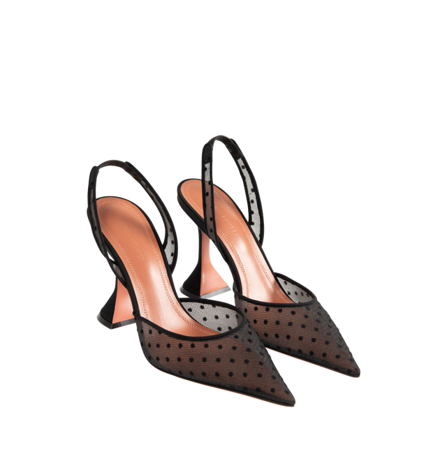 Image 2 of 4 - BLACK - AMINA MUADDI Holli 95 Lace Slingback Pumps featuring lace with a polka dot print, a point toe, pyramid heel and slips on. 95mm heel. Nylon/textile/silk upper. Nylon/leather lining. Leather/TPU sole. Made in Italy.