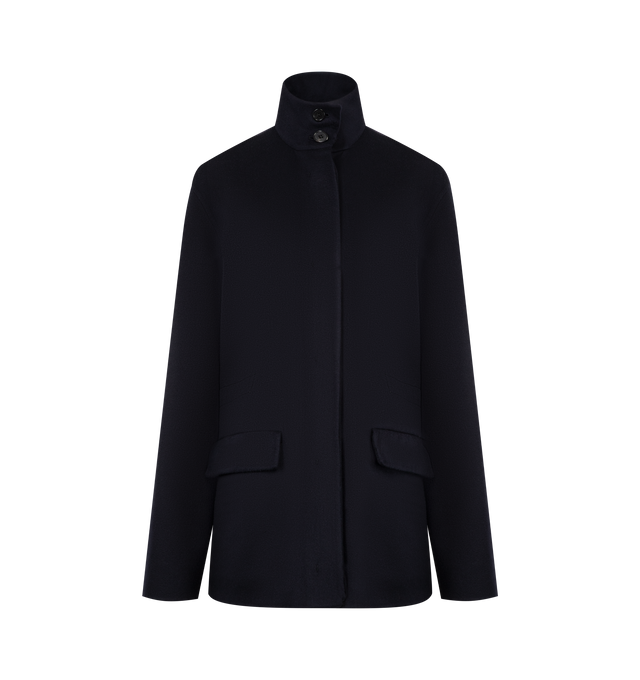 Image 1 of 3 - NAVY - THE ROW Tanera Jacket featuring technical jacket in smooth virgin wool gabardine with concealable hood at collar, adjustable interior drawstring waistband and concealed front placket with zipper and button closures. 100% wool. Lined in 100% silk. Made in Italy.
