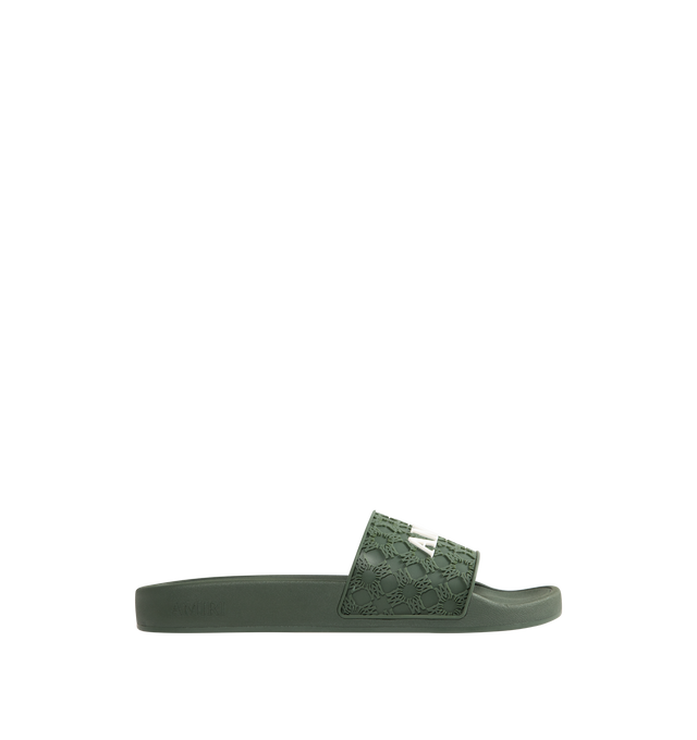 Image 1 of 4 - GREEN - AMIRI MA Quad Pool Slides featuring rubber pool slides, logo pattern embossed throughout, open toe, logo embossed at vamp and outer side, molded rubber footbed and treaded rubber sole. Rubber.