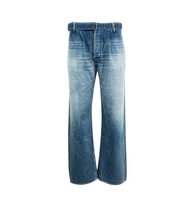 Image 1 of 4 - BLUE - FULLCOUNT Wide Tuck Hakama Denim featuring 11.5oz original selvedge denim, wide leg, 4 pockets, button closure and attached belt. 100% cotton.