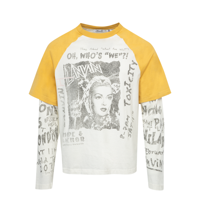 Image 1 of 2 - YELLOW - LANVIN LAB X FUTURE Loose-fit unisex tee with round neckline, rounded shoulders, long sleeves topped by short raglan sleeves, which rise all the way to the neckline. Features an exclusive print and 100% cotton printed tone-on-tone Lanvin logo label in tribute to Jeanne Lanvin, who marked her creations in this way.100% cotton knitted.  Made in Portugal. 