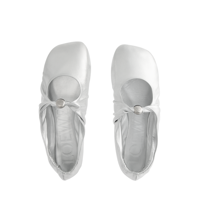 Image 4 of 4 - SILVER - LOEWE Pebble Soft ballerina in supple laminated nappa lambskin with a flexible upper engineered for extra comfort, featuring a metallic pebble with an Anagram engraved detail, a signature petal toe shape, engraved Anagram on pebble, padded leather insole and anagram embossed rubber outsole. Laminated lambskin. Made in Italy.