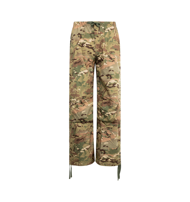 Image 1 of 3 - GREEN - PLEASURES Gem Camo Wide Pants featuring zip fly with button closure, 4-pocket styling, drawstring detail at hem, logo detail at side and lightweight twill fabric. 100% cotton.