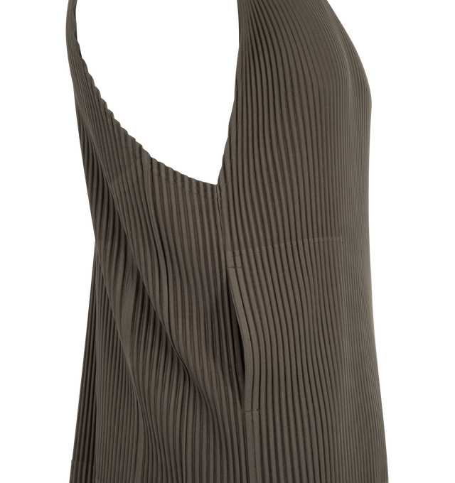 Image 3 of 3 - GREEN - ISSEY MIYAKE Tailored Pleats 2 Top featuring round-neck vest, quick-drying property, pleats throughout and sleeveless. 100% polyester. Made in the Philippines.