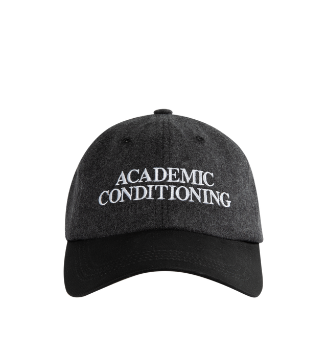 Image 1 of 2 - GREY - ENFANTS RICHES DEPRIMES Academic Conditioning Cap featuring embroidered eyelets at crown, text embroidered at face, curved brim, logo embroidered at back face and cinch fastening. 100% lambswool. Trim: 100% cotton. Made in USA. 