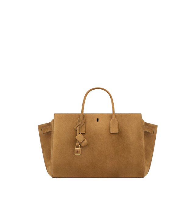 Image 1 of 5 - BROWN - SAINT LAURENT Sac De Jour Large Bag in suede featuring cassandre padlock, an east/west format, lined in leather, top handles, bronze-tone hardware, toggle hook closure, accordion sides, two compartments separated by a removable zip pouch and interchangeable suede strap and canvas strap. 14" x 10.8" x 2.88.3". Calfskin. Made in Italy.