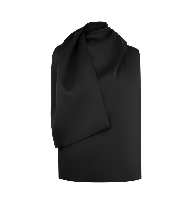 Image 1 of 2 - BLACK - KHAITE Loe Top featuring a fluid yet refined top in bonded crepe satin, dense, sculptural sheen, draped stand collar formed by scarf detail that wraps to swing over the shoulder, slips on with button closure at back neckline. 83% acetate, 17% viscose.