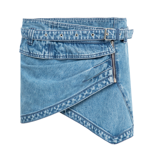Image 1 of 2 - BLUE - ISABEL MARANT Siyen Skirt featuring attached belt at waist, asymetrical mini length, back welt pockets and gathered to one side. 100% cotton.