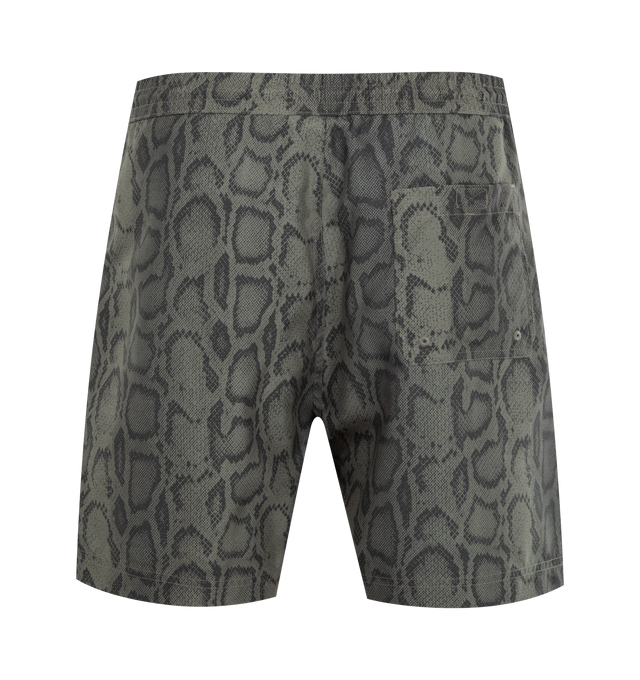 Image 2 of 3 - GREY - CARHARTT WIP Slater Swim Shorts featuring water-repellent taffeta swim shorts, snakeskin pattern printed throughout, drawstring at elasticized waistband, three-pocket styling, logo embroidered at front cuff, bungee-style key loop at back pocket and briefs-style mesh lining. 100% polyester.