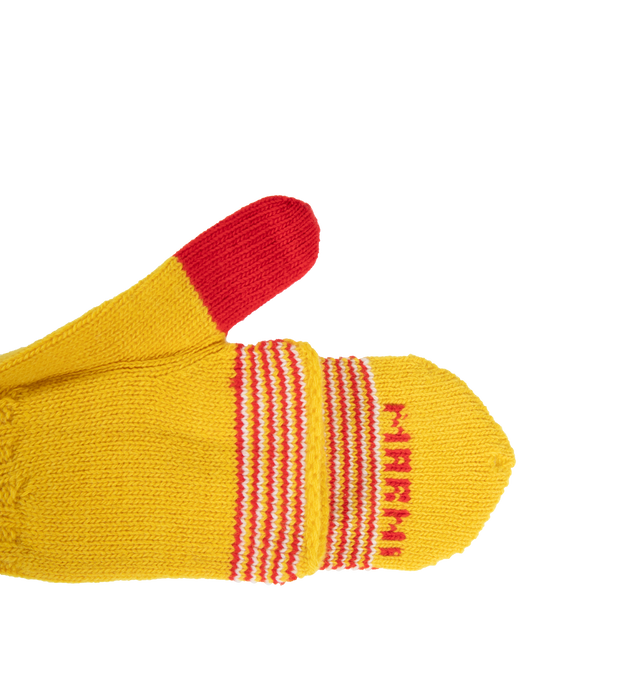 Image 2 of 3 - YELLOW - MARNI Stripped Wool Mittens featuring knitted construction, horizontal stripe pattern, detachable mittens, embroidered logo and ribbed cuffs. 100% virgin wool. 